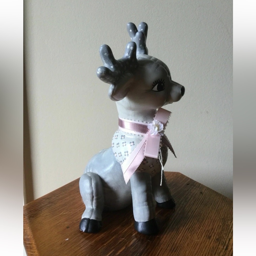 Vintage Decorative Gray and Pink Deer Ceramic Figurine with Bow - Picture 7 of 9